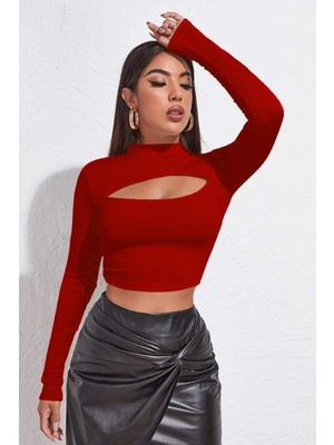 Pileli Store Kadın Kırmızı Göğüs Dekolteli Uzun Kollu Cut Out Crop Top Bluz