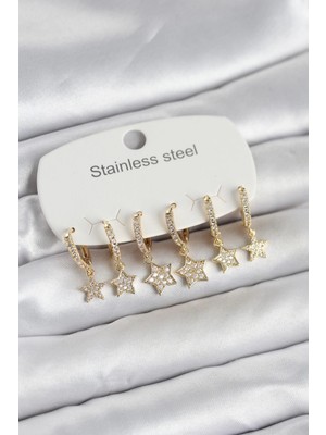 Pileli Store Pilelistore 316L Çelik Gold Renk 6'lı Set Yıldız Model Kadın Küpe - TJ-BKP11751