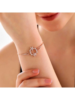 Pileli Store 925 Ayar Gümüş Rose Beyaz Çiçek Kadın Bileklik T7993 (72)