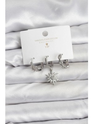 Pileli Store Pilelistore  Pirinç Gümüş Renk Kutup Yıldızı Model 3'lü Kadın Küpe Seti