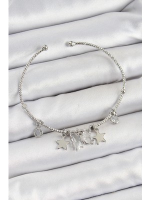 Pileli Store Pilelistore  Pirinç Zirkon Taşlı Kelebek ve Yıldız Model Gümüş Renk Charm Bileklik