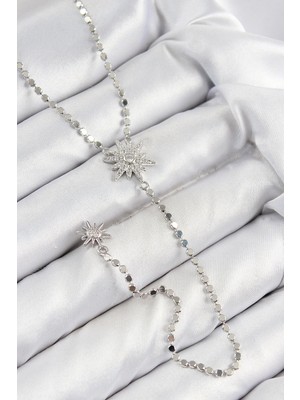 Pileli Store Pilelistore  Pirinç Zirkon Taşlı Ezme Zincirli Kutup Yıldızı Model Gümüş Renk Y Kolye