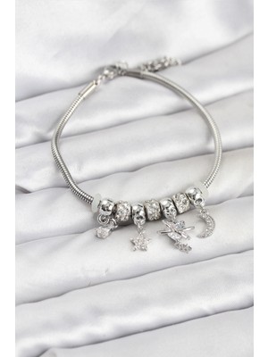 Pileli Store Pirinç Gümüş Renk Kalpli Model Charmlı Kadın Bileklik - TJ-BB8176