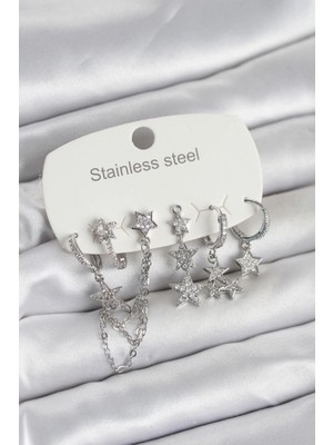 Pileli Store Pilelistore  316L Çelik Gold Renk 6'lı Set Zincirli Yıldız Modelli Kadın Küpe