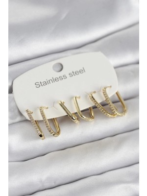 Pileli Store Pilelistore  316L Çelik Gold Renk 6'lı Set Geometrik Model Kadın Küpe