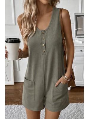 Kadın Omuz Askılı Önden Düğmeli Waffle Kısa Tulum