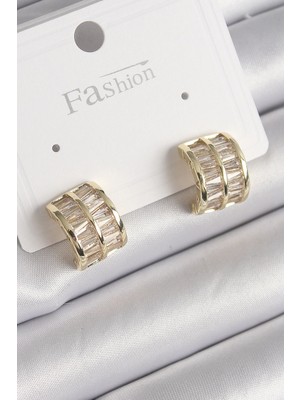 Pileli Store Pilelistore  Pirinç Gold Renk Çift Sıra Zirkon Taşlı Kadın Küpe