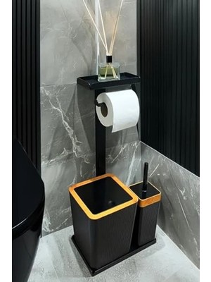 MarkEntegra 3'ü 1 Arada Banyo Seti Tuvalet Kağıtlık, Çöp Kovası ve Tuvalet Fırça Takımı Set Çizgili (Ahşap Siyah)