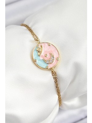 Pileli Store Pilelistore  316L Çelik Zincir Mineli Sanatsal Portre Zirkon Taşlı Gezegen Model Gold Renk Kadın Bileklik