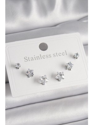 Pileli Store Pilelistore  316L Çelik Gümüş Renk Zirkon Taşlı Yıldız Model Kadın Küpe Seti
