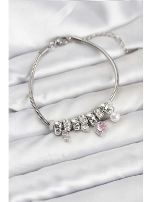 Pileli Store Pirinç Gümüş Renk Pembe Kalp Charmlı Kadın Bileklik - TJ-BB8190