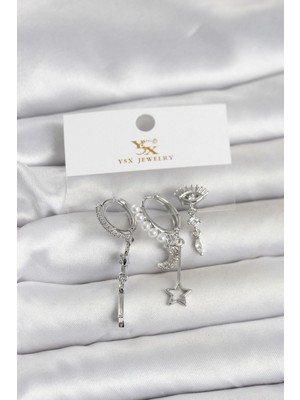 Pileli Store Pilelistore Pirinç Gümüş Renk Zirkon Taşlı Gece Temalı 3'lü Kadın Küpe - TJ-BKP11704