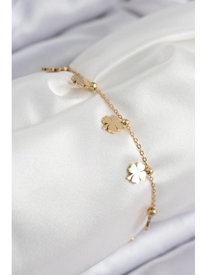 Pileli Store Pilelistore  316L Çelik Sıralı Yonca Model Gold Renk Kadın Bileklik