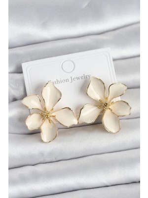 Pileli Store Pilelistore  Krem Mineli Çiçek Model Pirinç Kadın Küpe