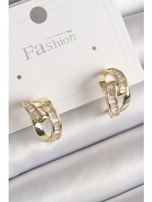 Pileli Store Pilelistore  Pirinç Gold Renk Zirkon Taşlı Zincir Model Kadın Küpe