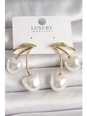 Pileli Store Pilelistore  Pirinç Gold Renk Beyaz Inci Kiraz Model Kadın Küpe