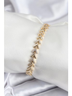 Pileli Store Pilelistore  Pirinç Vıp Seri Gold Zirkon Taşlı Balık Sırtı Model Kadın Bileklik
