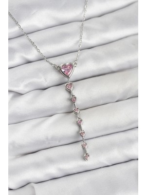 Pileli Store Pilelistore  316L Çelik Zincir Gümüş Renk Pembe Kalp Kadın Kolye