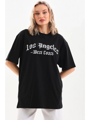 Pileli Store Baskılı Oversize T-Shirt - Siyah -