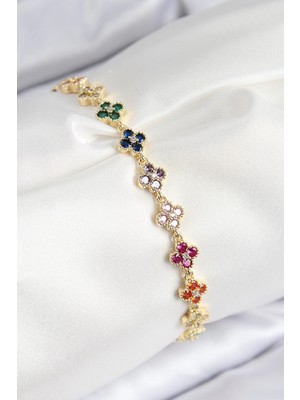 Pileli Store Pilelistore  Vıp Pirinç Renkli Zirkon Taşlı Yonca Model Gold Renk Kadın Bileklik