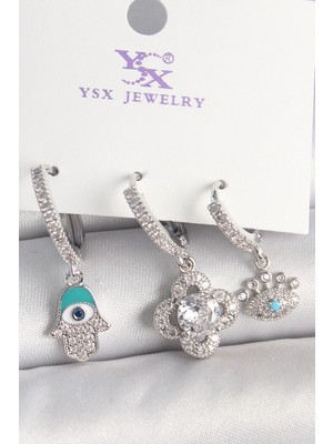 Pileli Store Pilelistore  Pirinç Gümüş Renk Zirkon Taşlı Fatma Ana Yonca Figür Göz Detay 3'lü Kadın Kombin Küpe