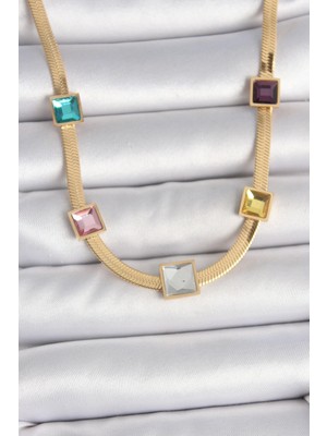Pileli Store Pilelistore  316L Çelik Gold Renk Italyan Zincir Model Kare Renkli Zirkon Taşlı Kadın Kolye