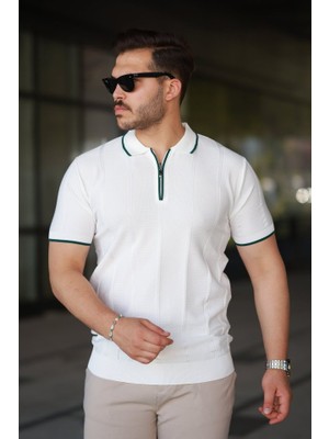 Erkek Dikey Kabartmalı Örgü Dokulu Fermuar Yakalı Tişört