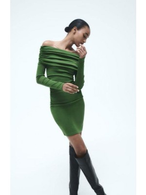 Kadın Madonna Mendil Yaka Fırsat Ürün Büzgülü Mini Elbise