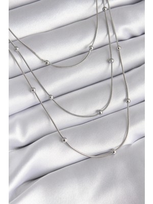 Pileli Store Pilelistore  316L Çelik Gümüş Renk 3'lü Topçuk Detay Kadın Kolye