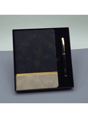 Pileli Store Siyah Gold Detaylı Termo Deri Defter ve Metal Roller Kalem Hediye Seti