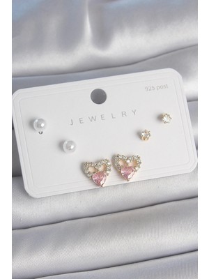 Pileli Store Pilelistore  Pirinç Gold Renk Pembe Zirkon Taşlı Kalp Model Inci Detay 925 Ayar Kadın Küpe Seti