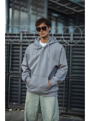 Pileli Store Oversize Tam Fermuarlı Uzun Kol Hırka - Gri