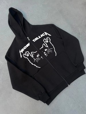 Pileli Store Kışlık Baskılı Fermuarlı Kapüşonlu Hırka - Siyah