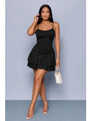 Kadın Ip Askılı Yuvarlak Yaka Büzgülü Kısa Sandy Elbise