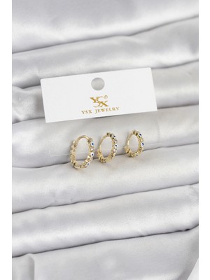 Pileli Store Pilelistore Pirinç Gold Renk Nazarlı Model 3'lü Kadın Küpe - TJ-BKP11711
