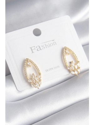 Pileli Store Pilelistore  Pirinç Gold Renk Zirkon Taşlı Kadın Küpe