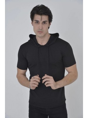 Pileli Store Kapşonlu Slim Fit T-Shirt - Siyah -