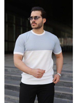 Erkek Renk Bloklu Bisiklet Yaka Kısa Kollu Triko Tişört