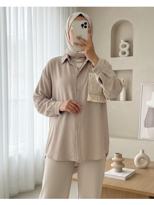 Moda Morfo Örgü Cepli Düğmeli Ayrobin Gömlek -Açık Vizon