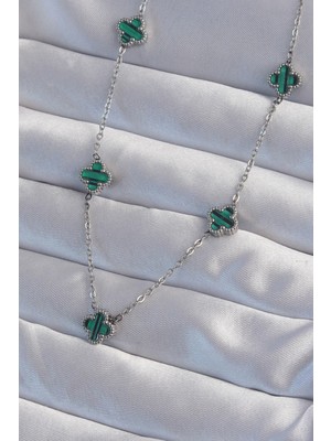 Pileli Store Pilelistore  316L Çelik Gümüş Renk Minimal Yeşil Mineli Yonca Kolye