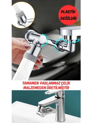 Bluvex Gümüş Renk 2 Fonksiyonlu Akrobat Musluk Ucu Başlığı 1080 Derece Dönebilen Paslanmaz Çelik