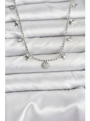 Pileli Store Pilelistore  Pirinç Gümüş Renk Zirkon Taşlı Deniz Kabuğu Model Kadın Kolye