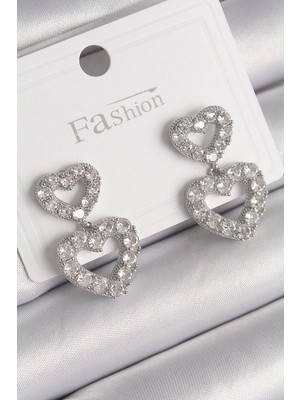 Pileli Store Pilelistore  Pirinç Gümüş Renk Zirkon Taşlı Sallantı Kalp Model Kadın Küpe