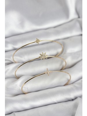 Pileli Store Pilelistore  Zirkon Taşlı Kutup Yıldızı Model Gold Renk 3'lü Kadın Bileklik Kombini