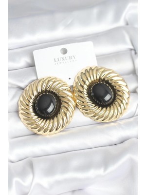 Pileli Store Pilelistore  Pirinç Gold Renk Siyah Boncuklu Vintage Kadın Küpe