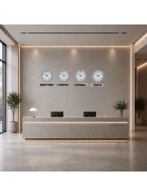 Alpotekno Modern Beyaz 4’lü 36 Cm Tabelalı Dünya Saatleri