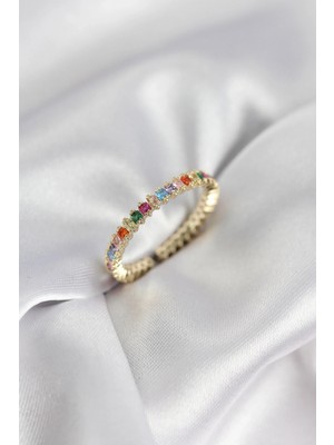 Pileli Store Pilelistore  Sıralı Karışık Renkli Gold Renk Zirkon Taşlı Kadın Yüzük