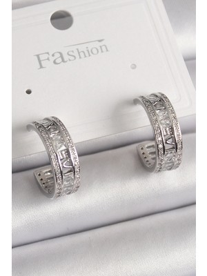 Pileli Store Pilelistore  Pirinç Gümüş Renk Zirkon Taşlı Işleme Detay Halka Model Kadın Küpe