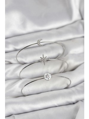 Pileli Store Pilelistore  Gümüş Renk Zirkon Taşlı Kutup Yıldızı Model 3'lü Kadın Bileklik Kombini