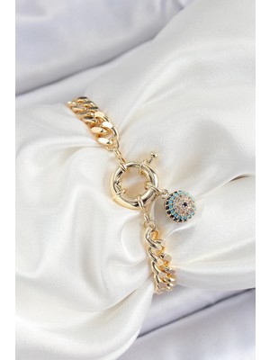 Pileli Store Pilelistore  Pirinç Nazar Model Zirkon Taşlı Gold Renk Vip Seri Kadın Bileklik
